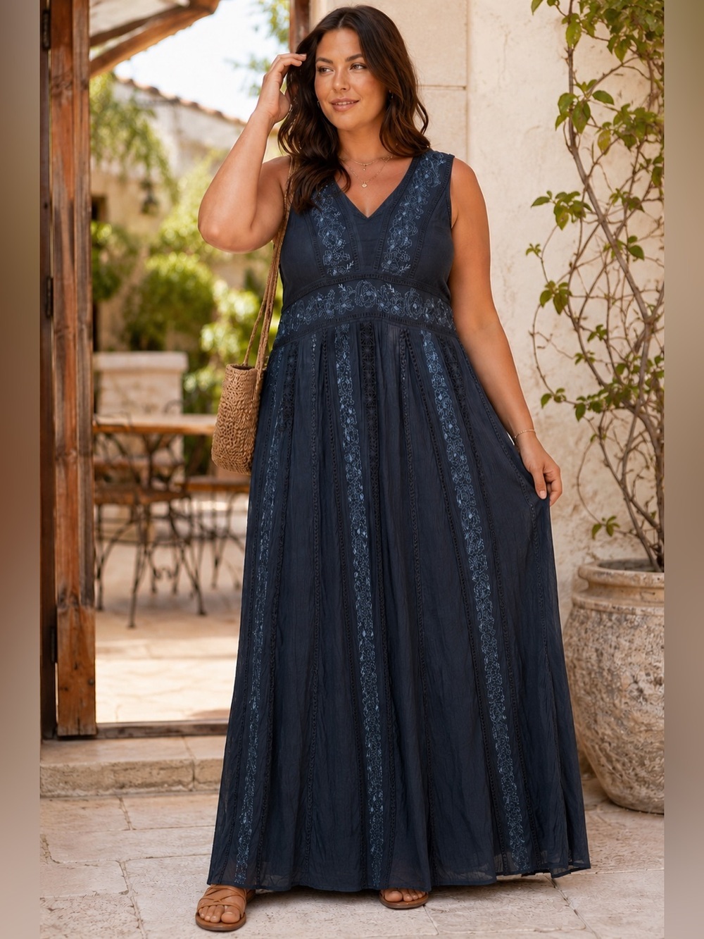 Sundance | Dresses | Sundance Embroidered Boho Maxi Dress Blue Rayon Crochet Lace Sleeveless Size 4